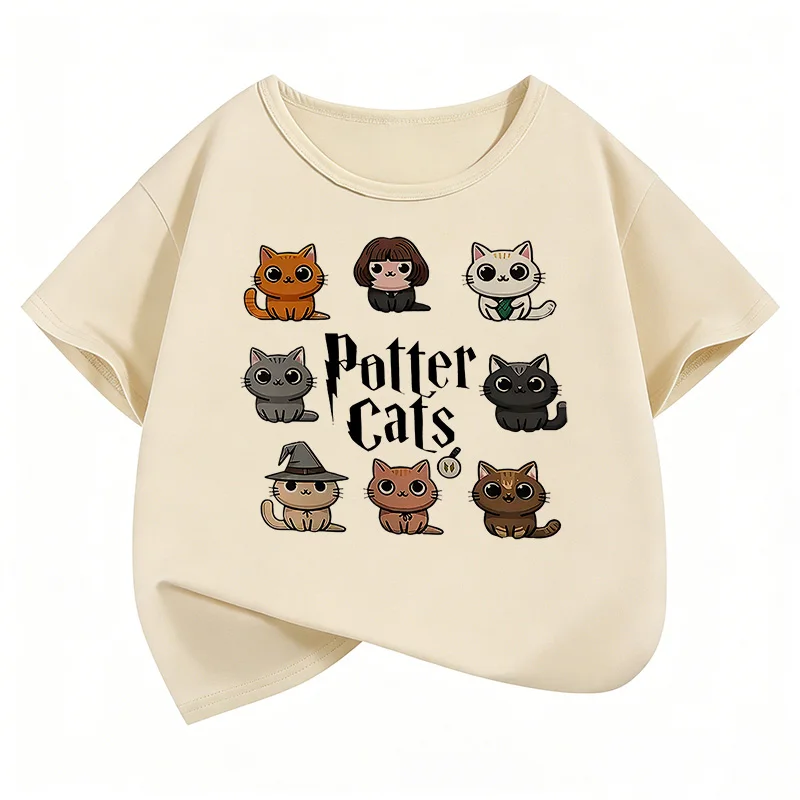 Potter Katzen-Grafik Kinder T-Shirts Sommer Kurzarm-Shirts Cartoon-Tier Jungen Mädchen Kleidung Kawaii Tops Y2K Kinder T-Shirt
