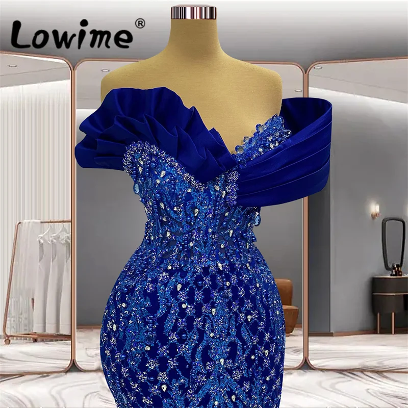 Royal Blue Arabic Party Dresses Vestidos De Noche 2023 Crystals Off Shoulder Formal Occasion Dresses Wedding Prom Evening Gowns