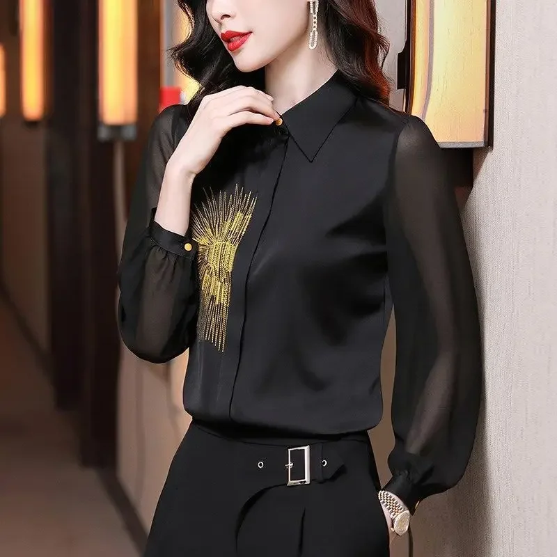 Elegant Commute Embroidery Spliced Solid Color Shirt Women\'s Clothing Loose Fashion Female Long Sleeve Single-breasted Blouse