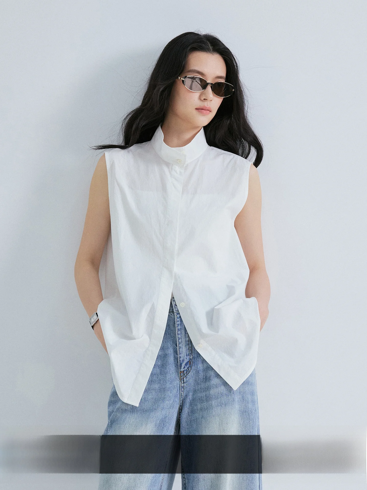 

Женская хлопковая рубашка без рукавов с воротником-стойкой, минималистичная, свободного кроя, для повседневной носки, весна-лето, новая, фактурная, повседневный топ