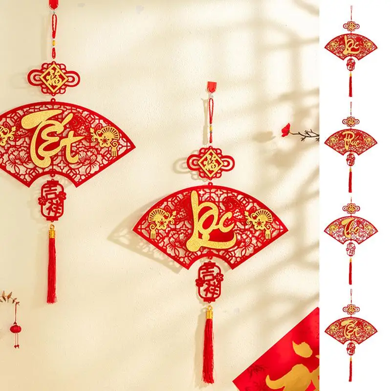 2025 Vietnamese New Year Decorations flocked cloth Blessing Tassle Paper Fan Ornament Classic Vietnamese Blessing Fan