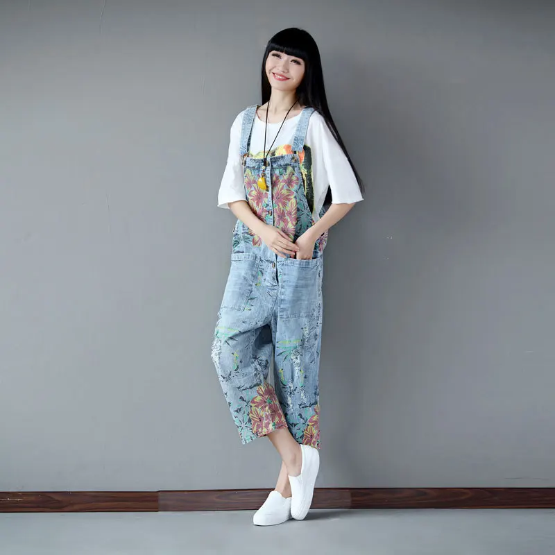 2024 Summer Washed Denim Jumpsuit Women Large Rural Style Loose Waistband Pants LX1587