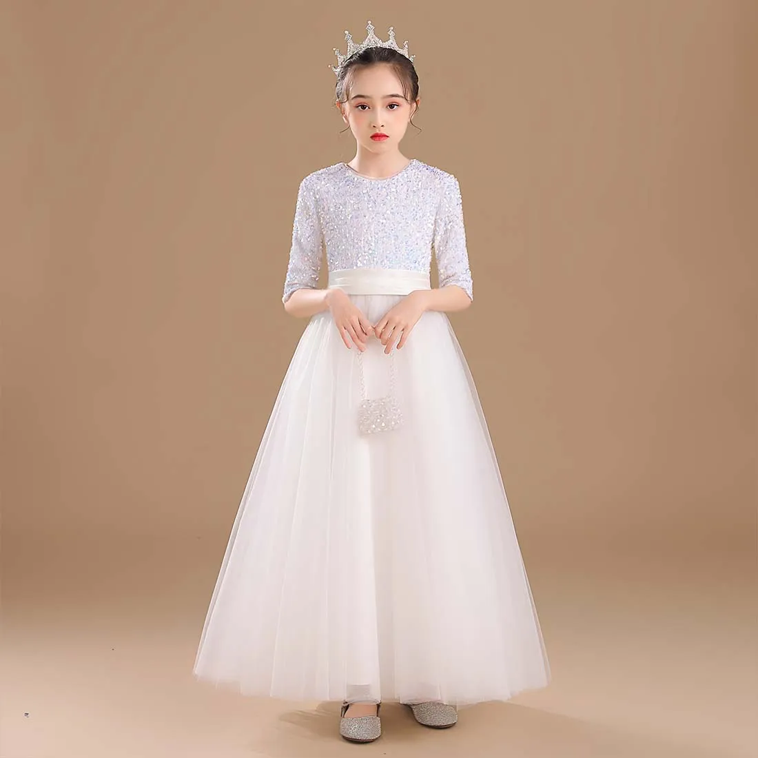 YZYmanualroom Glitter Sequins Long Sleeves Flower Girls Dresses For Wedding Tulle Birthday Party Christmas Dress For Girl