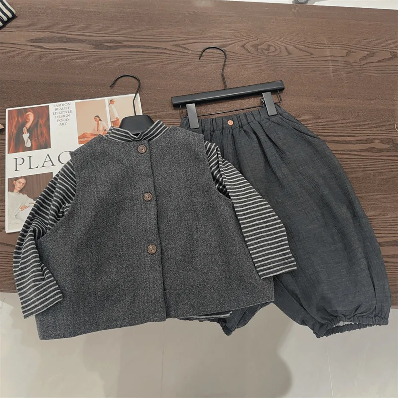Childrens Set Autumn New Girls Fashionable Woolen Vest Striped T-shirt Casual Ankle Pants Three Piece Set Kids Clothes image 4