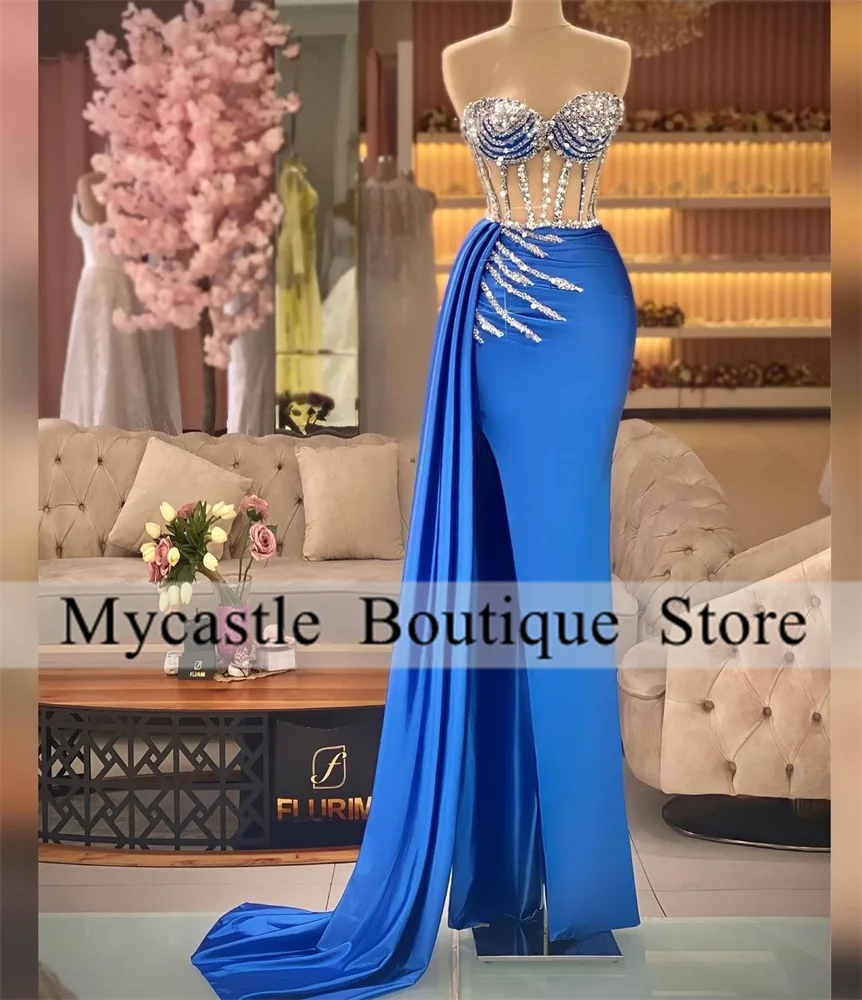 New Arrivals Royal Blue Beaded Evening Dresses 2025 For Women Crystals Mermaid Prom Dress Customized Vestido De Gala