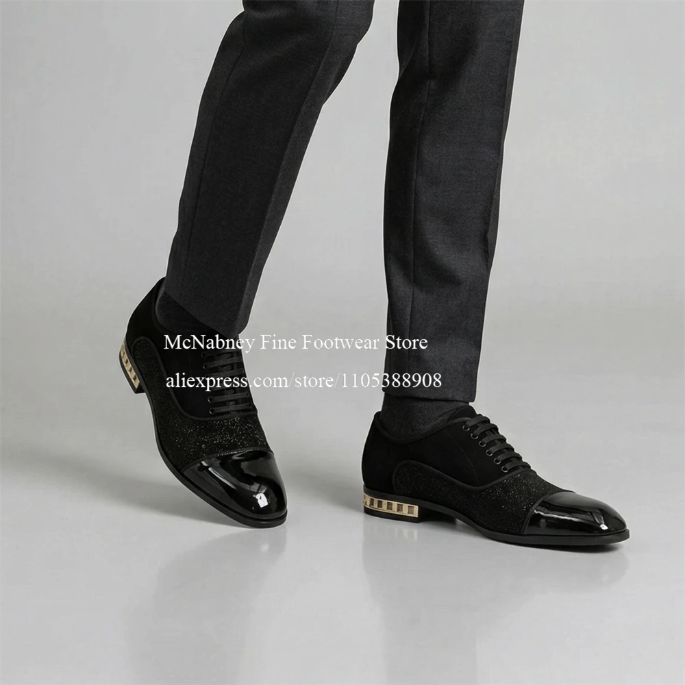 

Мужские классические туфли-оксфорды из лакированной кожи на шнуровке с блестящим верхом, металлическими заклепками на каблуке и вставками из 3 материалов, для торжественных случаев