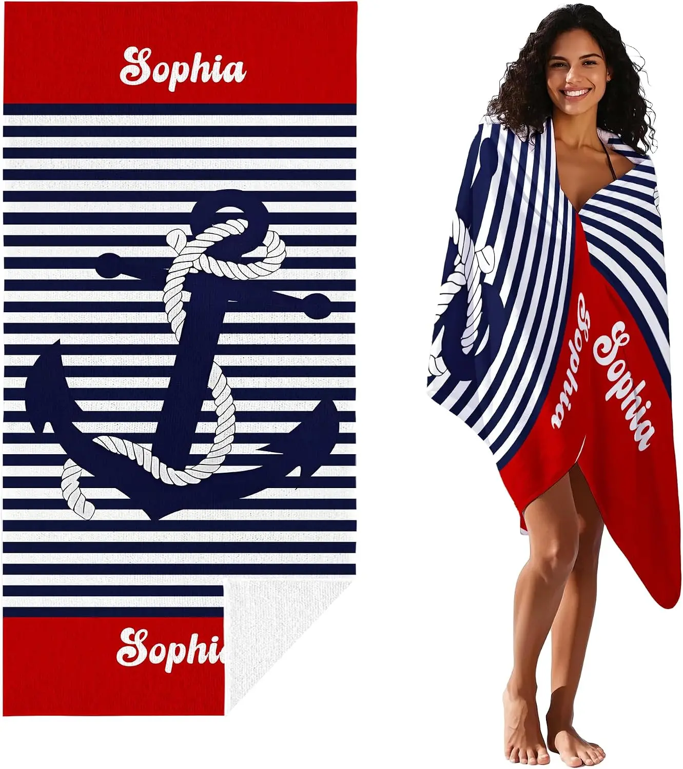 Personalized Nautical Anchor Stripe Beach Towel Bath Wrap Polyester Custom Name Sophia Tropical Ocean Pattern for Summer Vacatio