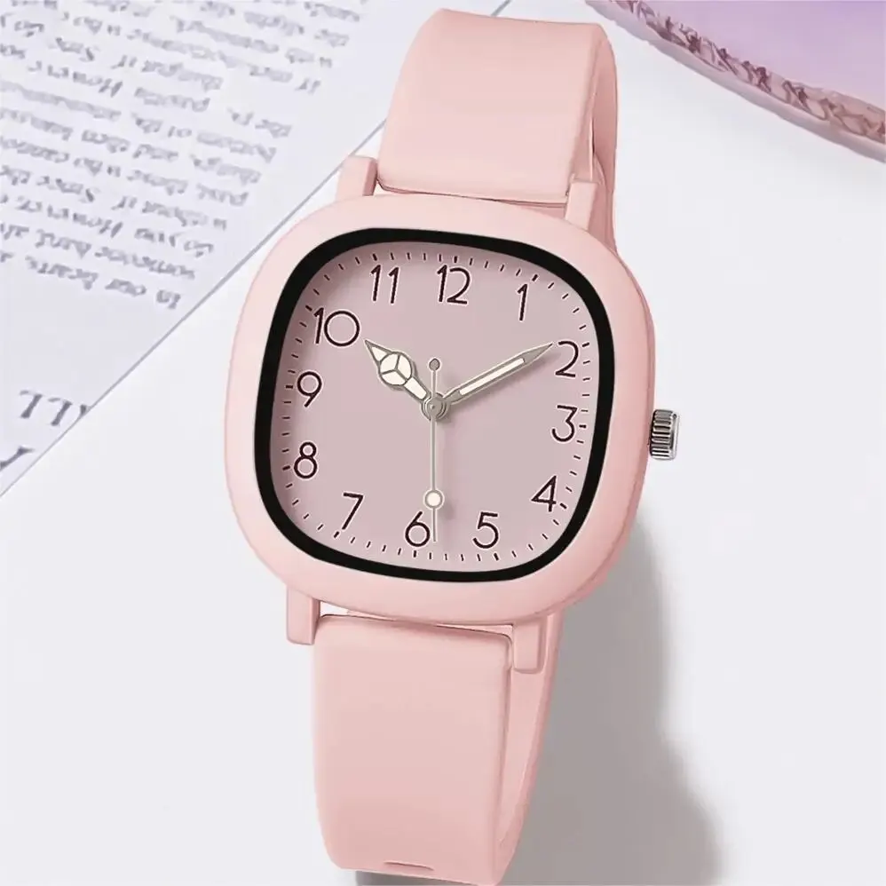 Fashion Classic Simple Square Color Matching Digital Literal Silicone Strap Female Watch