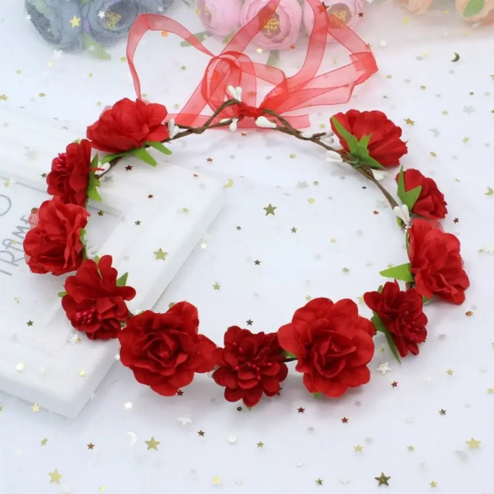 Bohemia Hand Woven Flower Crown Adjustable Ribbon Vintage Elegant Hair Loop Silk Rose Flower Floral Wreath Bridal Accessories