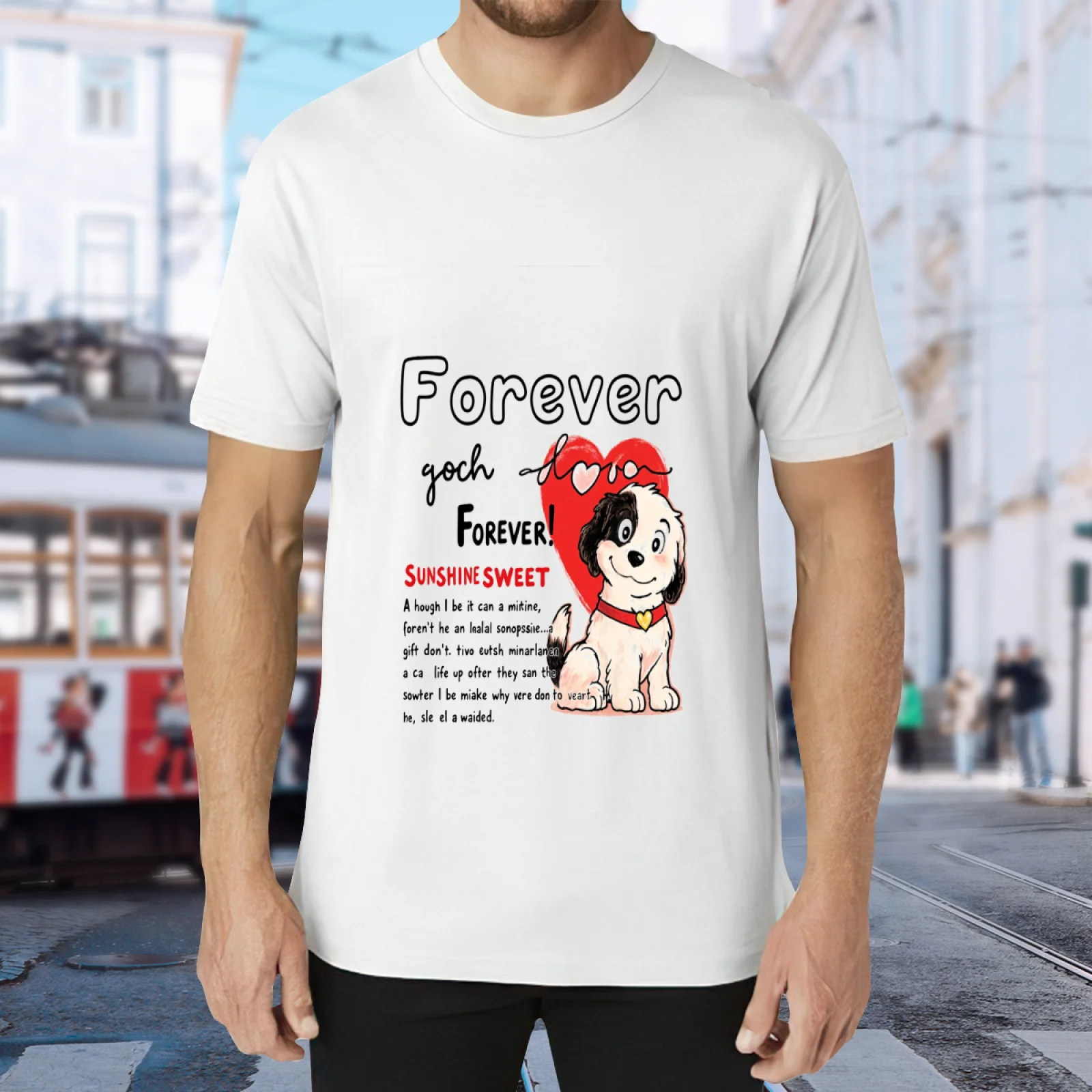 Cartoon Puppy Heart Forever Letter Print T-shirt Unisex Cute Dog Graphic Tee Casual Short Sleeve Crewneck White Tops Streetwear
