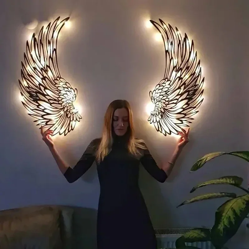 Black Angel Wings Metal Wall Art Decor with Led Lights Luminous Wings Wall Hangings Iron Arts and Crafts Decoration Photography