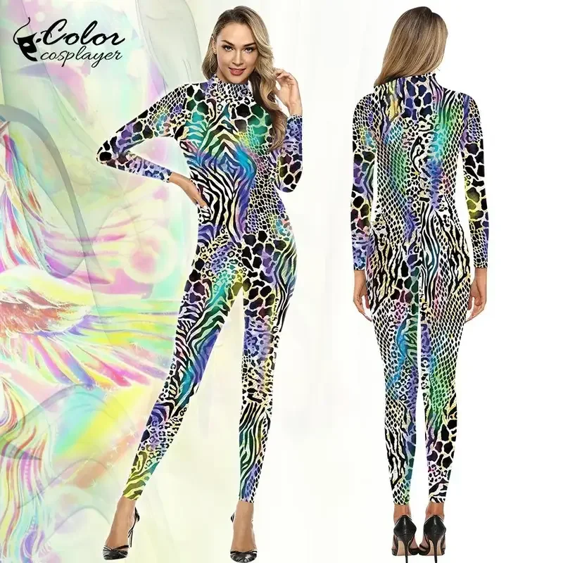 Kleur Cosplayer Spandex Romper Catsuit Fashion Festival Party Cosplay Kostuum Slang 3D Dierenprint Zentai Jumpsuits Outfit