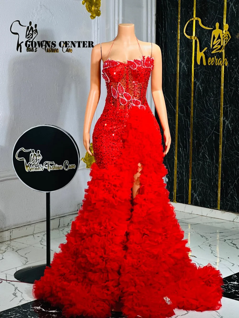 

Великолепные красные вечерние платья Aso Ebi, расшитые бисером и стразами, вечерние платья русалки с многоуровневыми рюшами и оборками, шлейфом в африканском стиле по индивидуальному заказу