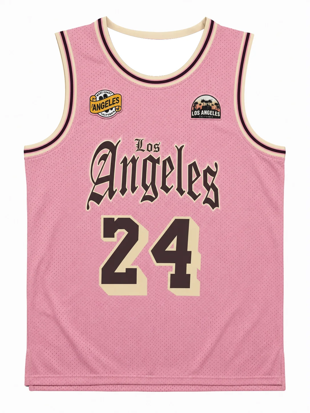 Camisa de Basquete Retro LA 24 GOAT Rosa com Estampa de Texto Gótico e Patches da Califórnia, Uniforme Esportivo Casual para Crianças e Adultos
