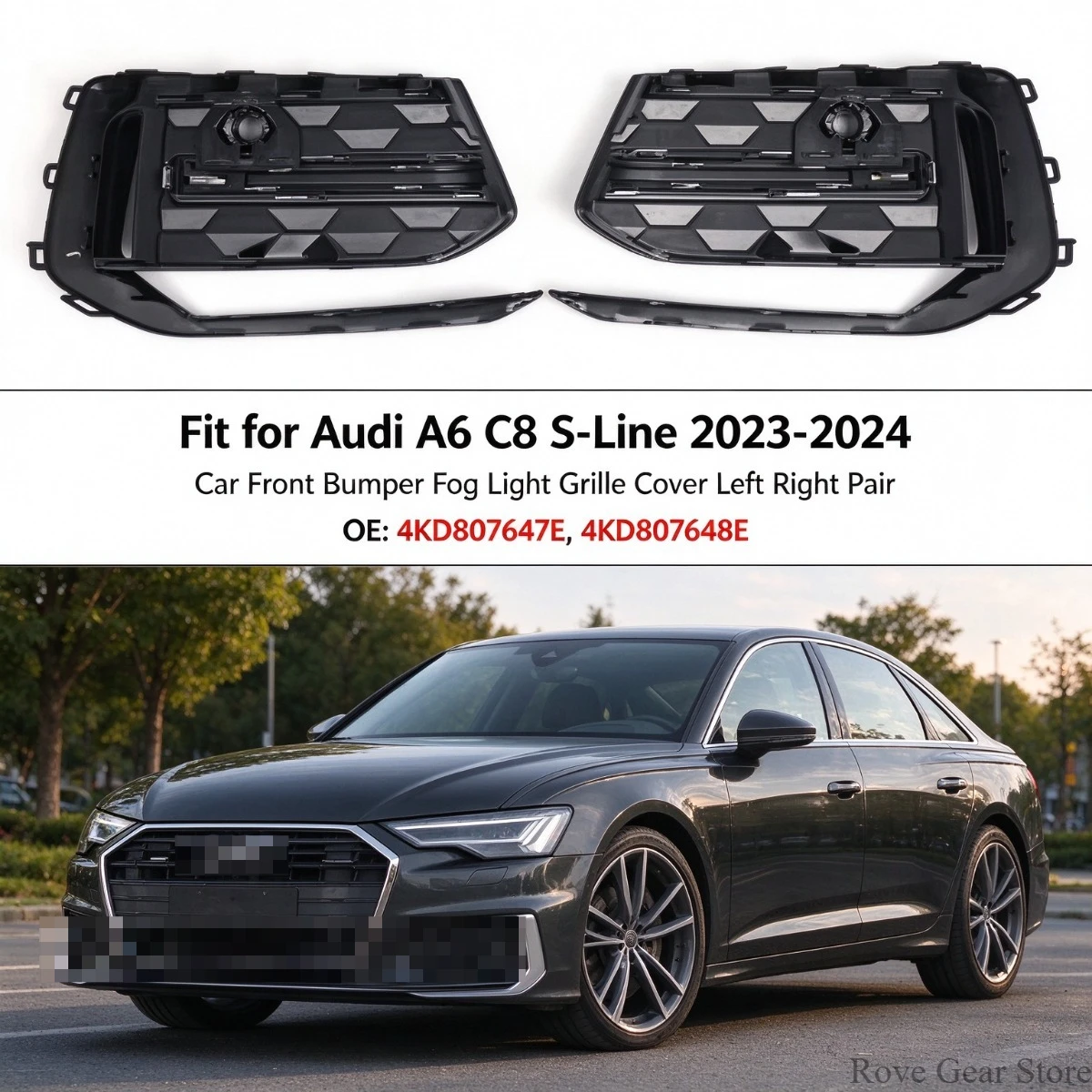 Fit for Audi A6 C8 S-Line 2023-2024 Car Front Bumper Fog Light Grille Cover Left Right Pair 4KD807647E 4KD807648E
