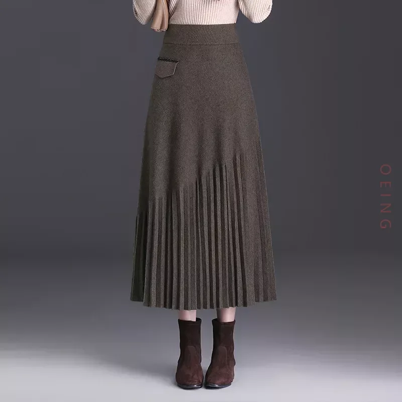 Elastic High Waisted Knitting Wool Pleated Long Skirt Women Autumn Winter Elegant Chic Loose Casual Black Maxi Skirts Lady 2313