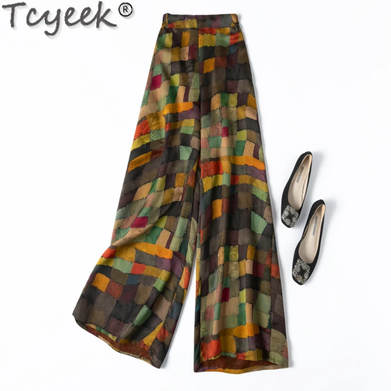 

Tcyeek 24MM 100% Mulberry Silk Wide Leg Pants Women Summer Clothes Elegant Woman Trousers Long Pant 2024 Pantalones Mujer