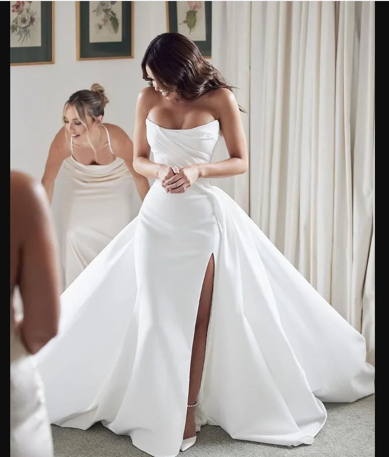 Robes de mariée en Satin Sexy avec Train détachable, fente en cœur, robes de mariée blanches, personnalisées aux mesures