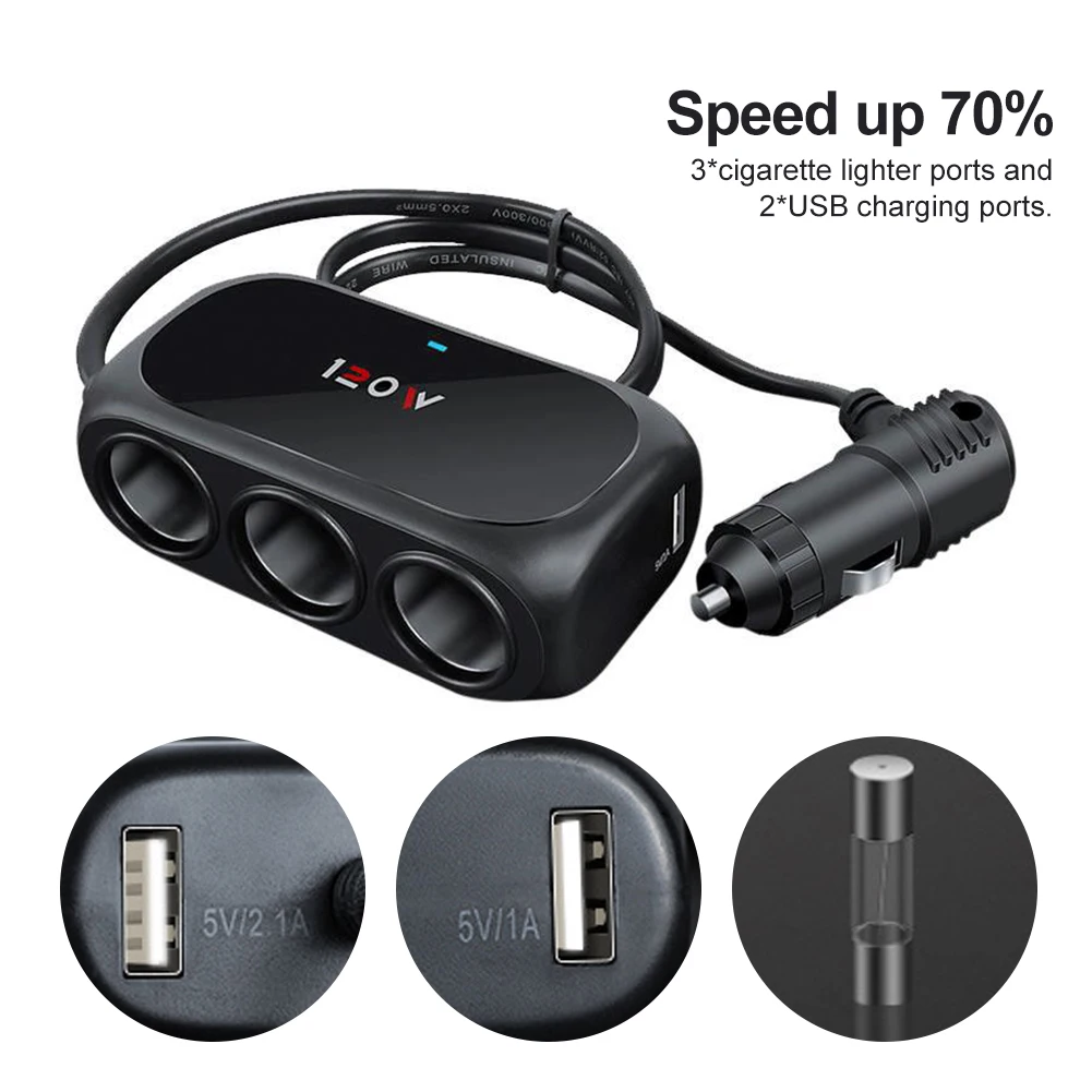 120W Car Charger Adapter 12V 24V 3 Socket Cigarette Lighter Splitter Dual USB LED Car Fast Charger For IPhone IPad GPS Dashcam