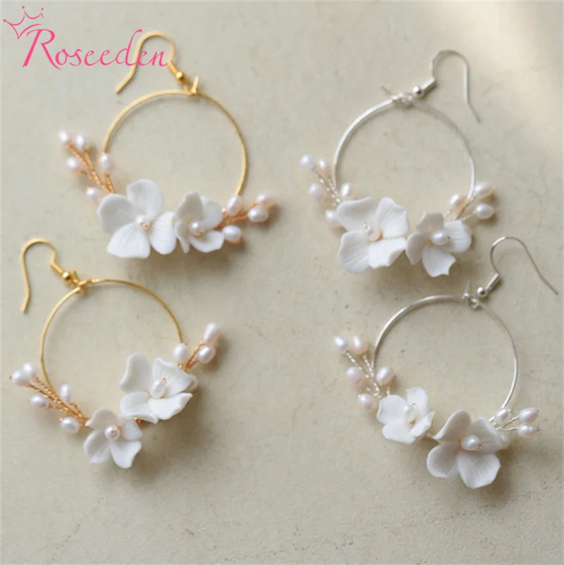 

Bride Jewelry Porcelain Flower Bridal Wedding Earring Freshwater Pearls Women Earrings RE4832