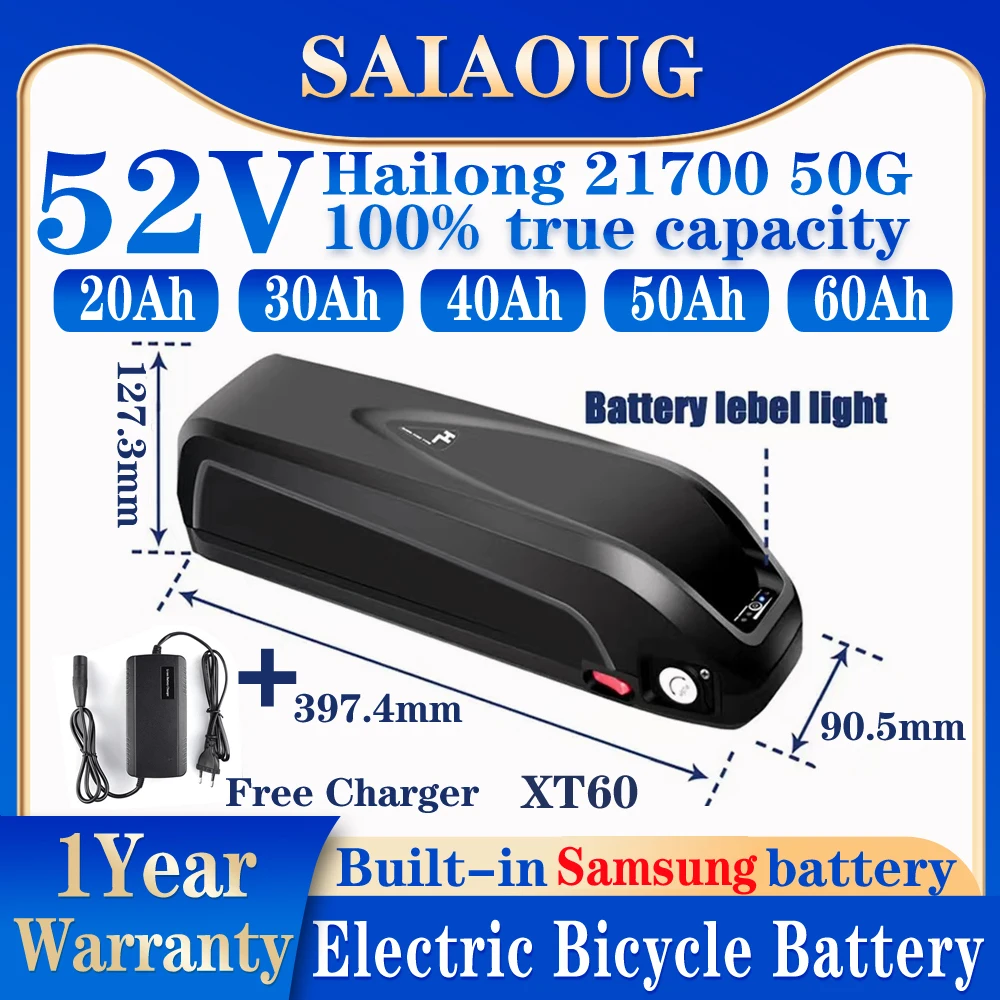 

21700 DownTube Ebike Battery Hailong 36V 48V 52V 20Ah 30Ah 40Ah 50AH Lithium Pack for Bafang 1500W 1000W 250W 500W 2000W