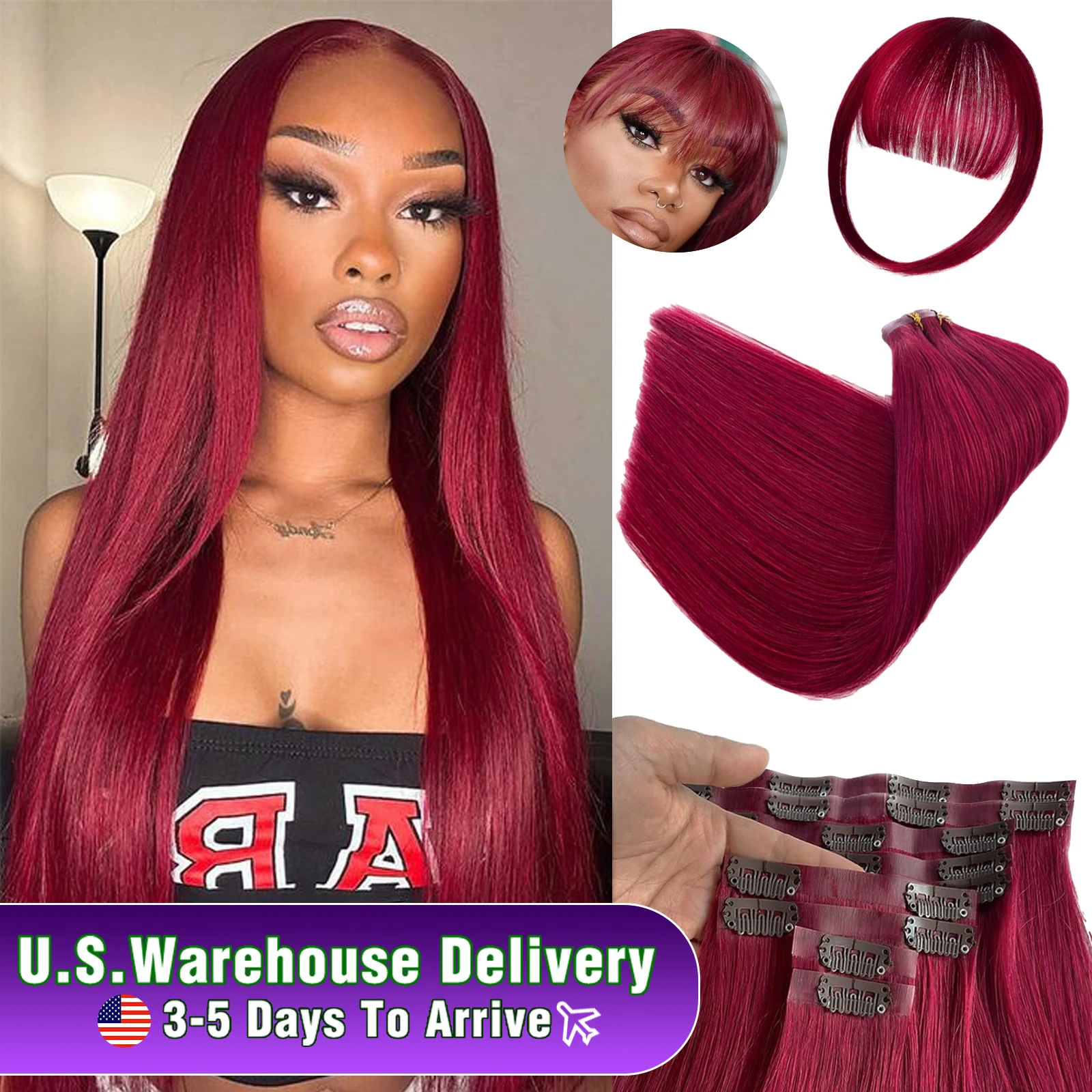 Straight 18 Clips In Hair Extensions Brazilian 100% Human Hair 7/10 Pieces and #99J Burgundy Color 14-24 Inches for Black Women