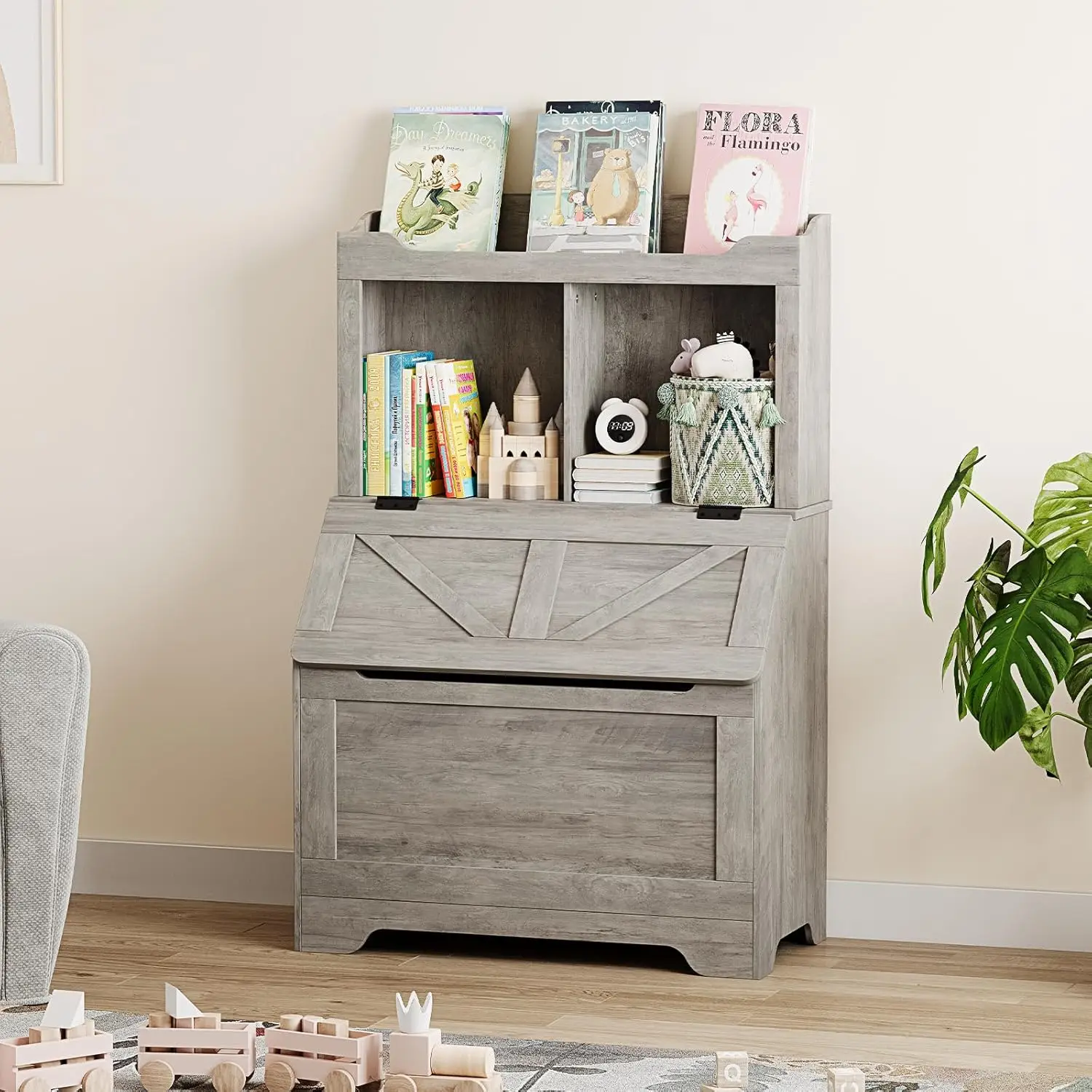 Toy Storage Organizer, Large Wooden Toy Box Chest with Flip-top Lid and Cubby, 3-Tire Children's Bookcase with Toy Storage Cabin