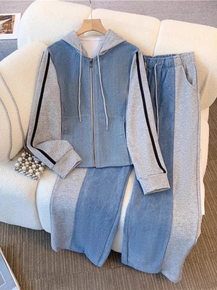 Casual Pant Sets Women Denim 2 Pieces Set Fashion Long Sleeve Hooded Top Drawstring Wide Trousers 2024 Autumn Lady Suit