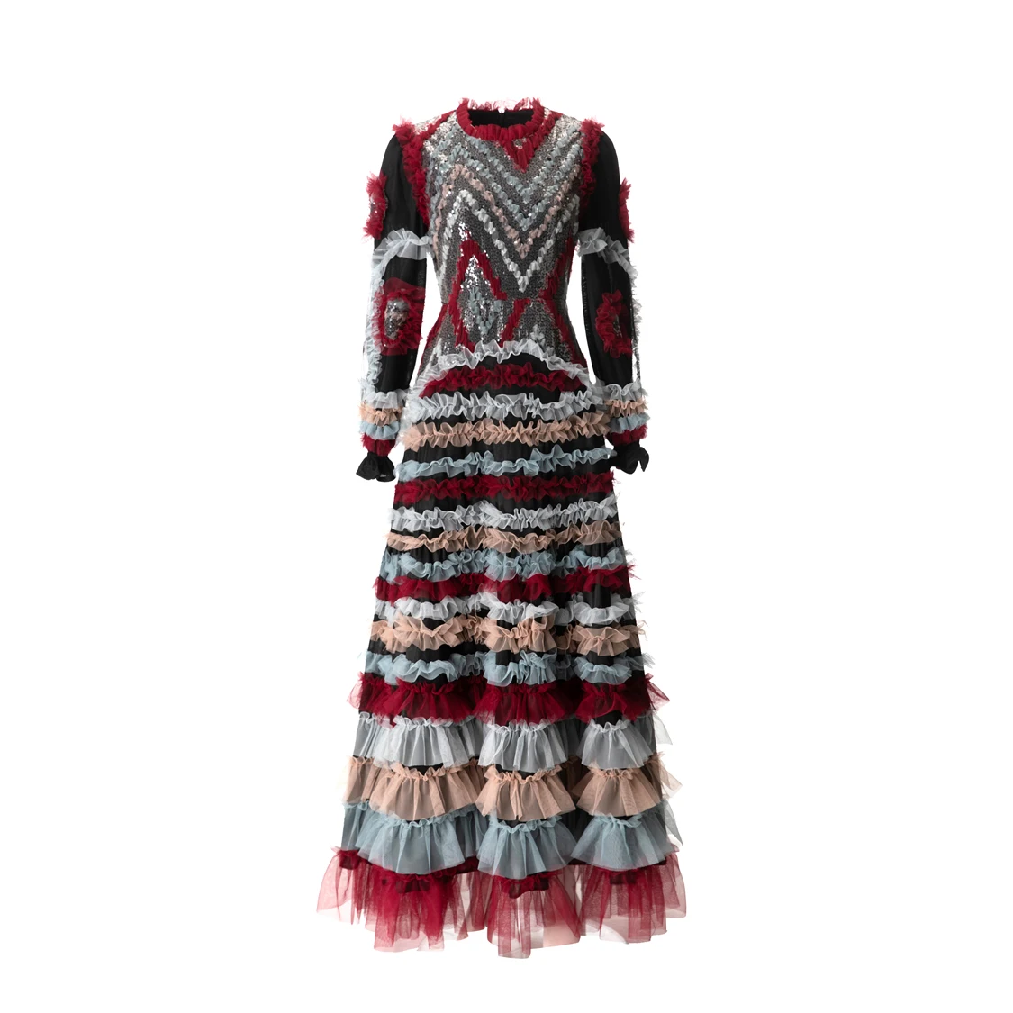 Stunning Multicolor Sequin & Ruffle Trimmed O Neck Long Sleeve Maxi Dress with Multi -Tiered Tulle Skirt Party Prom Gown Vestido
