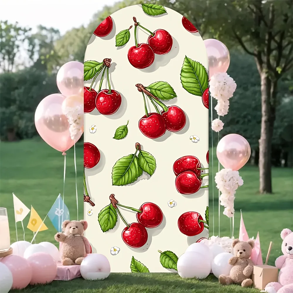 Mocsicka Red Cherry Pattern Arch Cover Backdrop Fruit Theme Kids Birthday Party Baby Shower Decor 2-Sided Photography Background