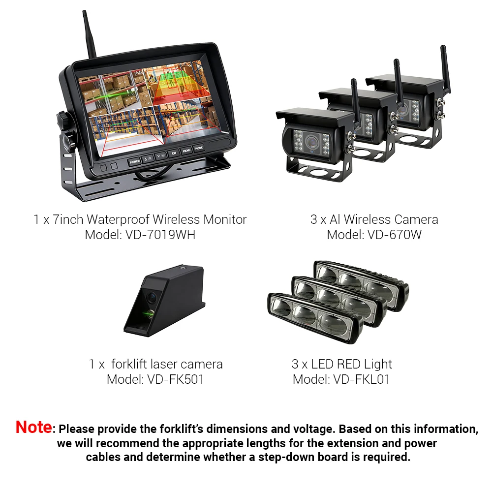 7" Wireless Forklift Camera System Positioning Camera Rechargeable Battery Pack LED Safety Lights for Warehouse