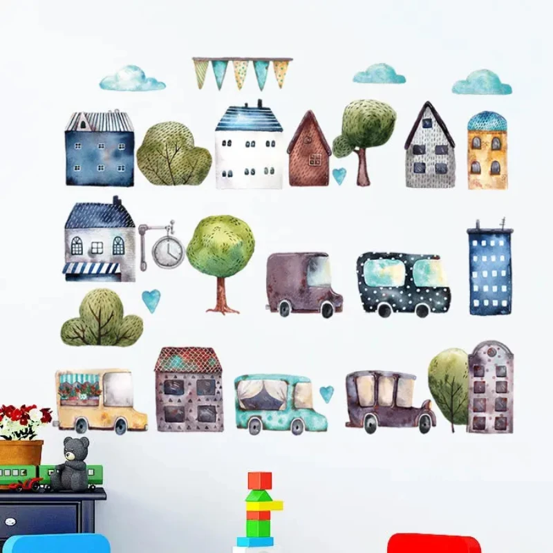 50/90cm Vintage Car Town Wall Stickers Boy Gift for Kindergarten Classroom Cartoon Cars Children Room Sticker Home Decor