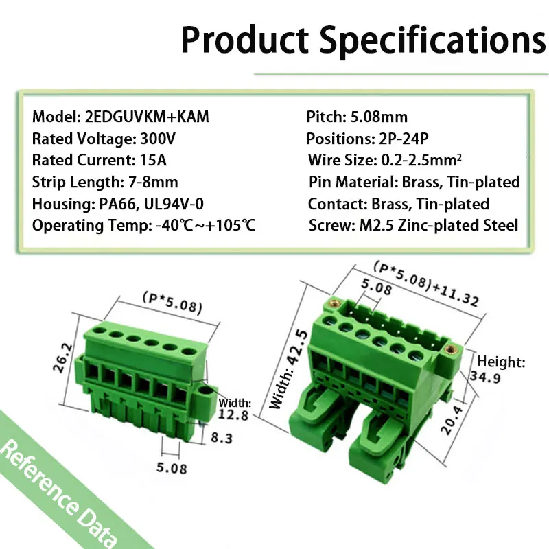 Industrial 5.08mm Plug-in Terminal Block - 15A Current, -40℃~+105℃, Tin-Plated Brass, M2.5 Screw (2P-24P Full Sets Available)