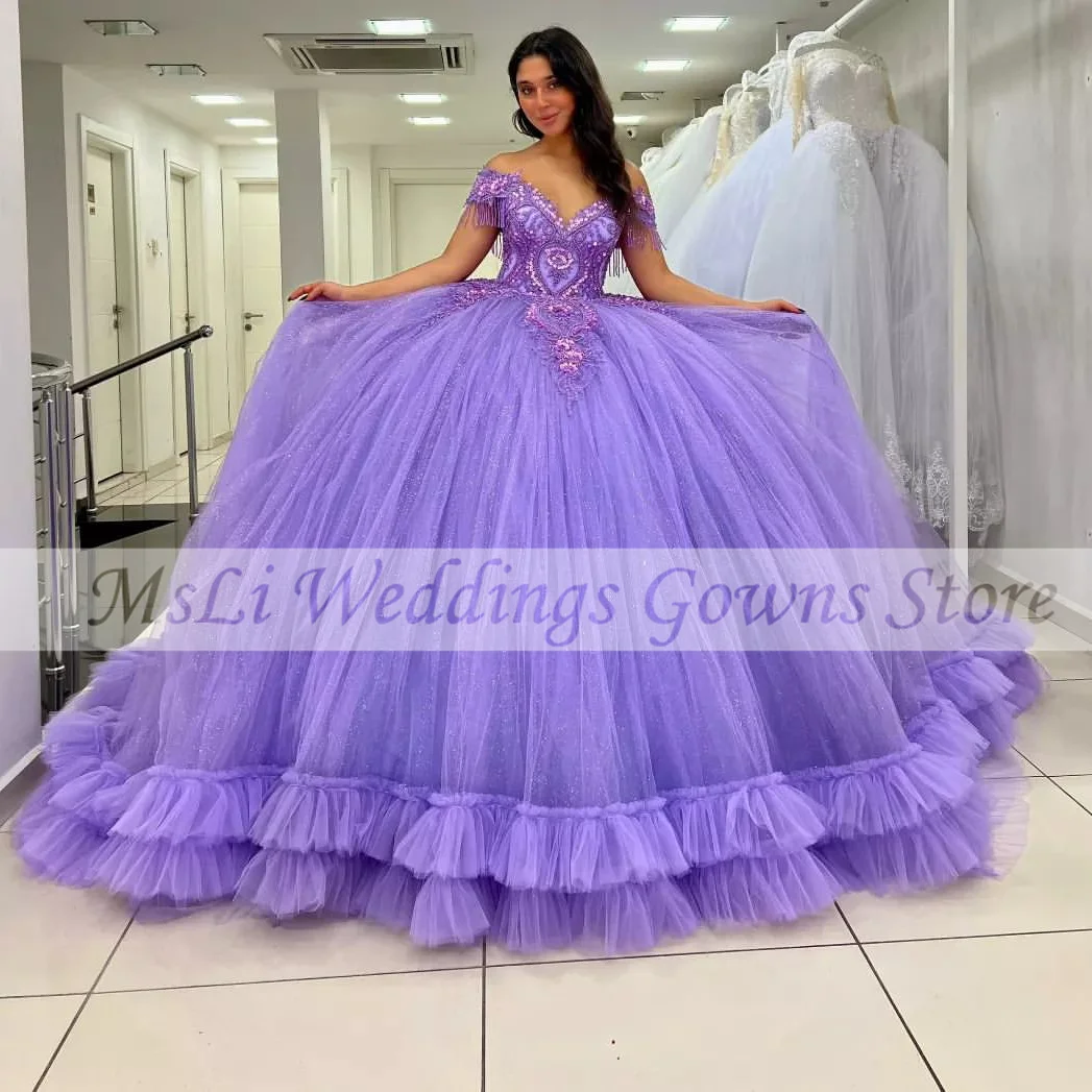 Phồng Tím Quinceanera Đầm Bầu Appliques Hạt Đính Hạt Cườm Dây 15 Sinh Nhật Vũ Hội Áo Dây Chéo Sweet 16 Đảng Đồ Bầu