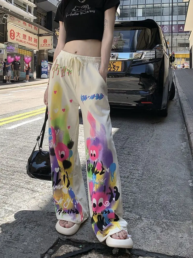 

2025 summer new dopamine graffiti print wide-leg pants women's loose versatile and thin shirt casual pants women