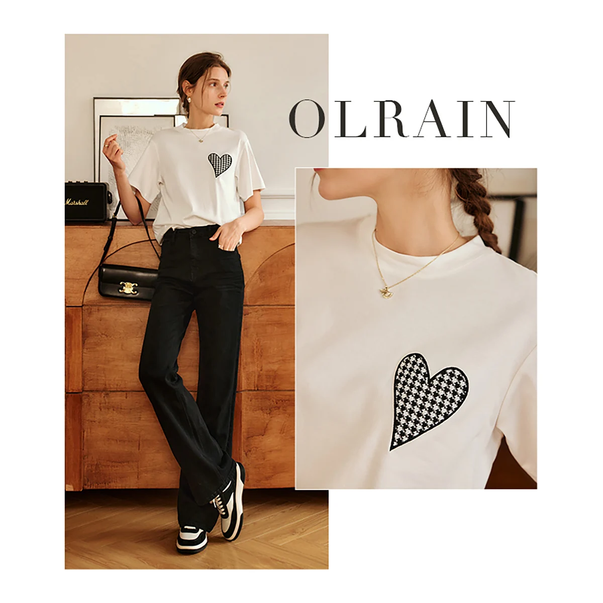 ‌OLrain Women's Summer Tee Shirt Heart Embroidery Short Sleeve White Top 2025 French Fashion O-Neck Loose Fit T-shirt O22XT00996
