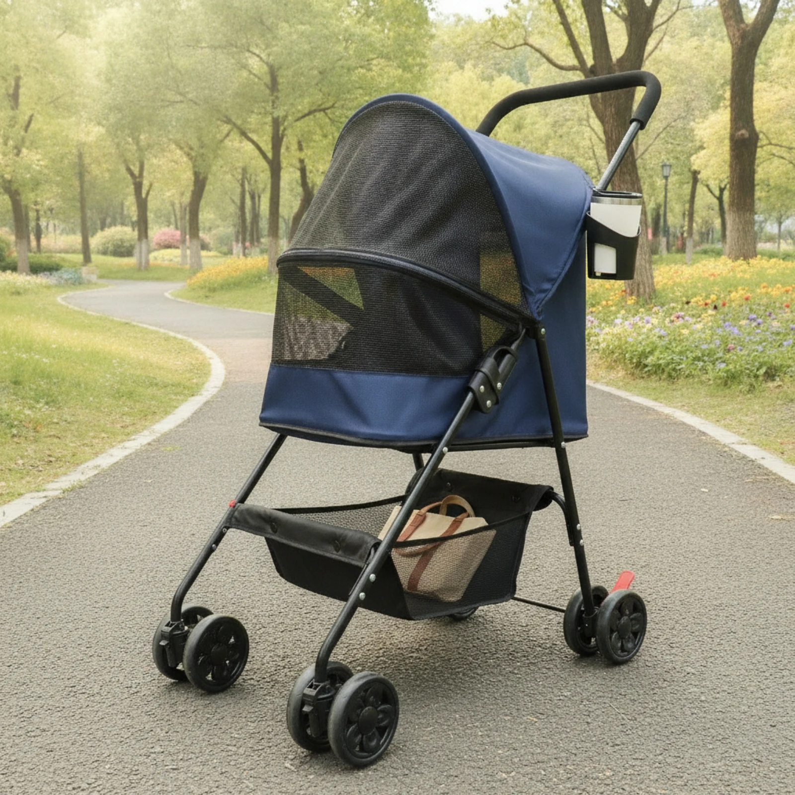 Pet Stroller with Cup Holder Foldable Pet Stroller with Storage Basket Breathable Lightweight for Small Dogs, Outdoor Walks
