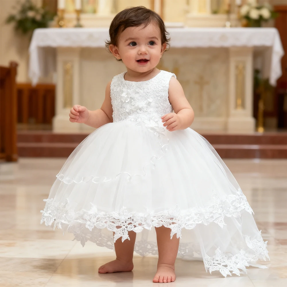 

Infant Dress Gown Baby Girl Clothes Elegant Princess Dress For 1st Birthday Dress Children Baptismal Costume White Wedding Dress