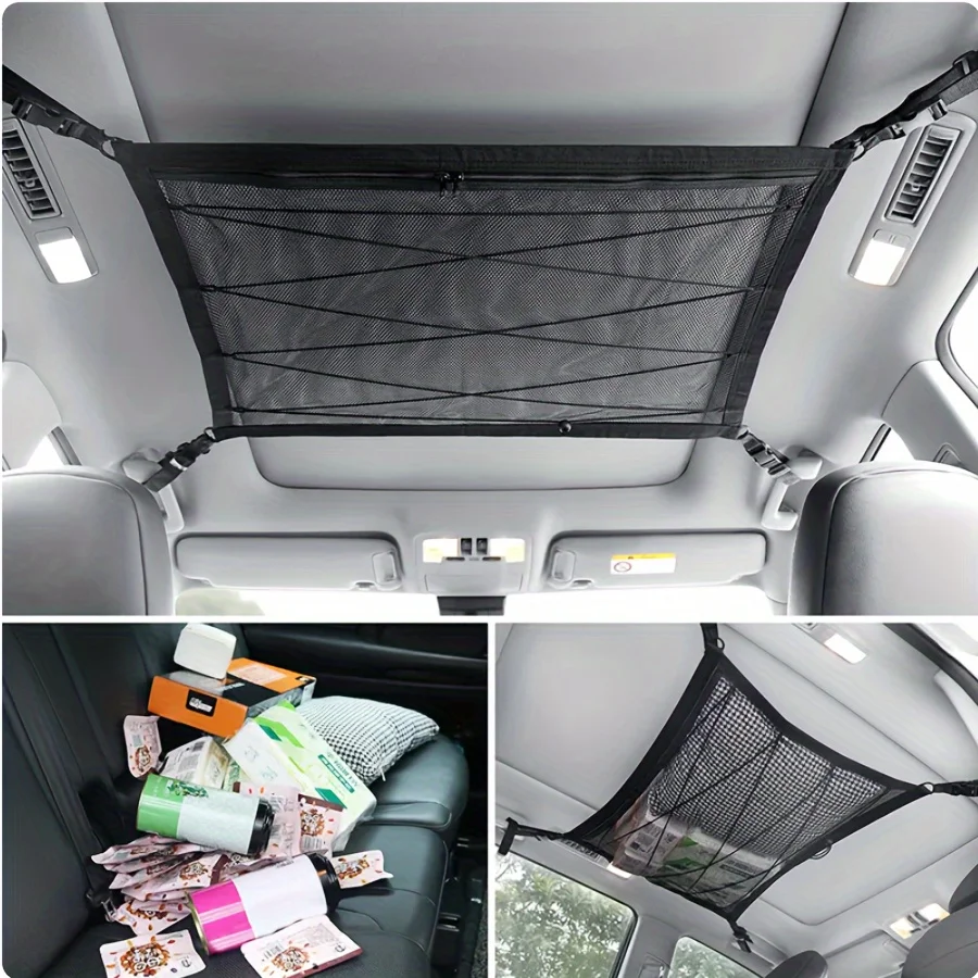 1pc Universal Car Roof Mesh Bag, Car Storage Cargo Zipper Adjustable Net, Sundries Organizer