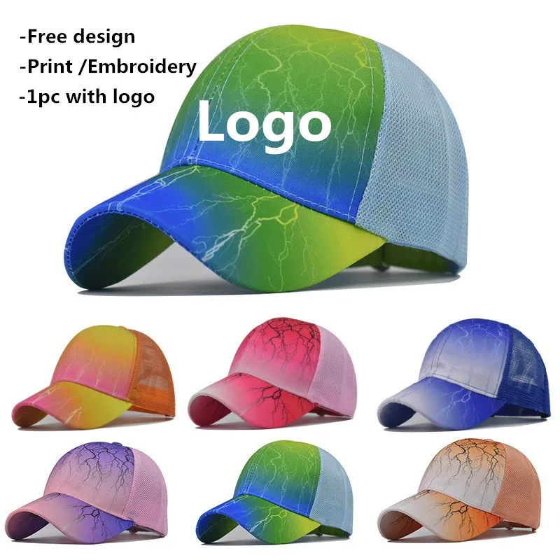 Custom adult trucker hat Breathable mesh sports baseball cap for women Tie dye print grident gorros Print or Embroidery logo