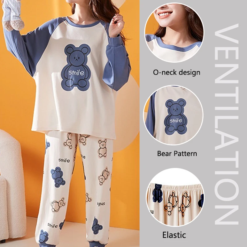 Pajamas with Chest Pad Women\'s Autumn Winter Long Sleeves Sweet Cartoon Bear Homewear Large Size Student Sleepwear Round Neck