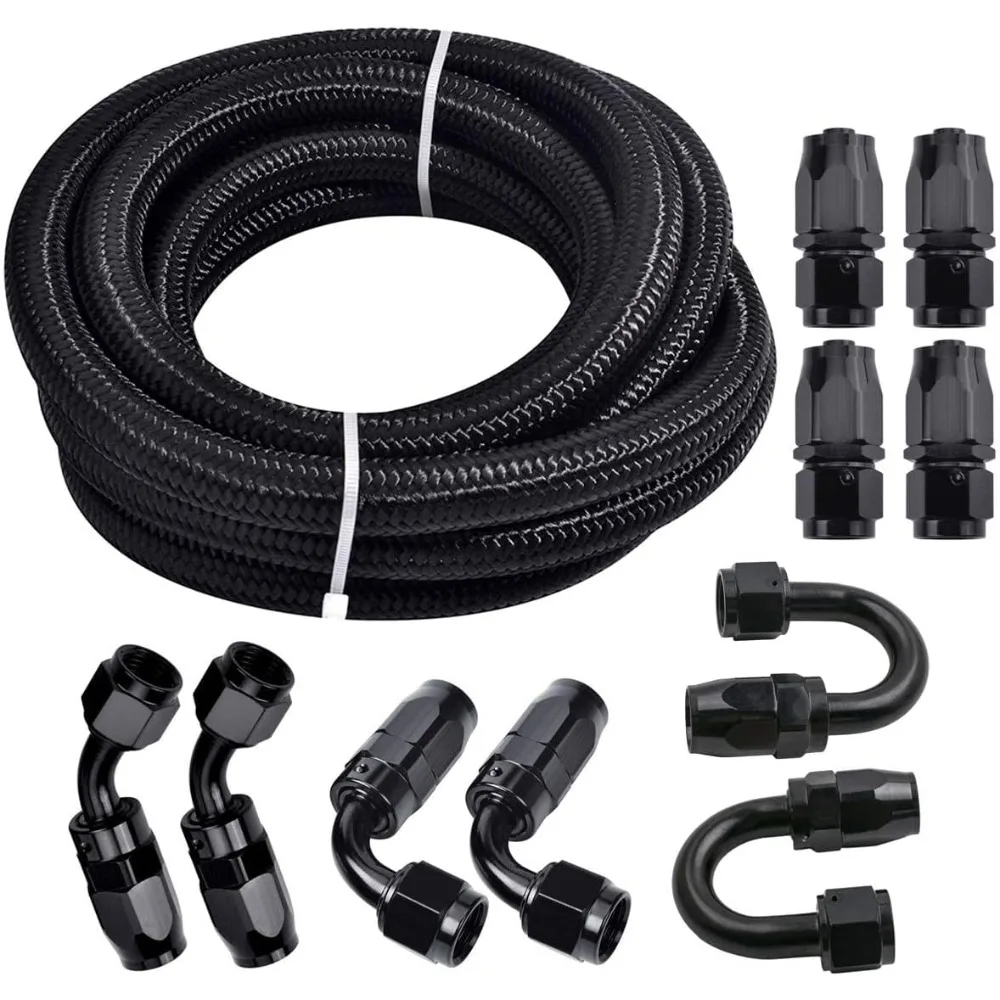 

3/8 6AN 20FT, Nylon Stainless Steel Braided Fuel Line Oil/Gas/Fuel Hose End Fitting Hose with 10PCS Swivel Fitting Adapter Kit