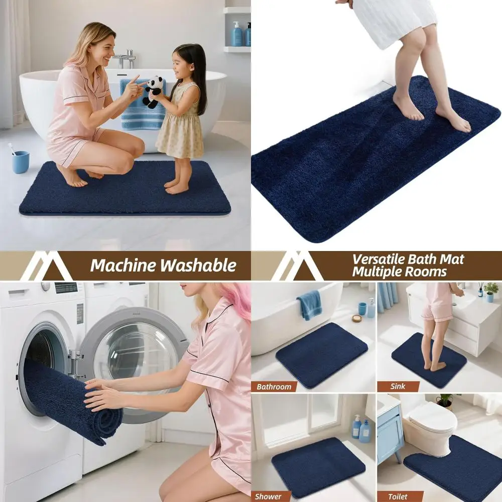 

Плотный плюшевый коврик для ванной из микрофибры, 100% полиэстер, противоскользящий, влаговпитывающий, 24x48 дюймов, темно-синий