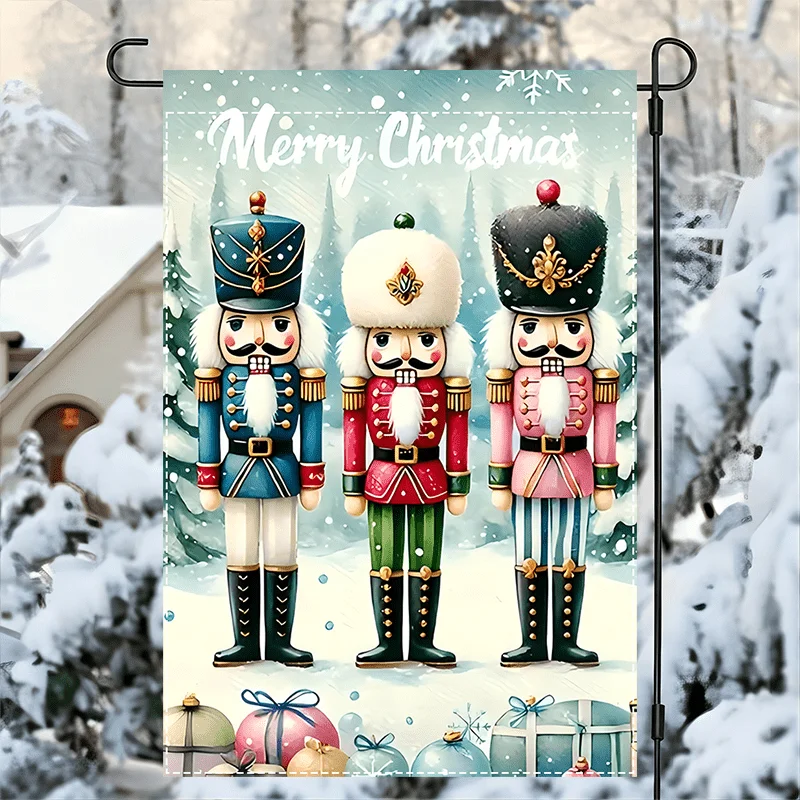 1pc, Merry Christmas Garden Flag, 12x18inch, Double Nutcracker Soldier Design, Double-Sided, Waterproof Burlap, Outdoor