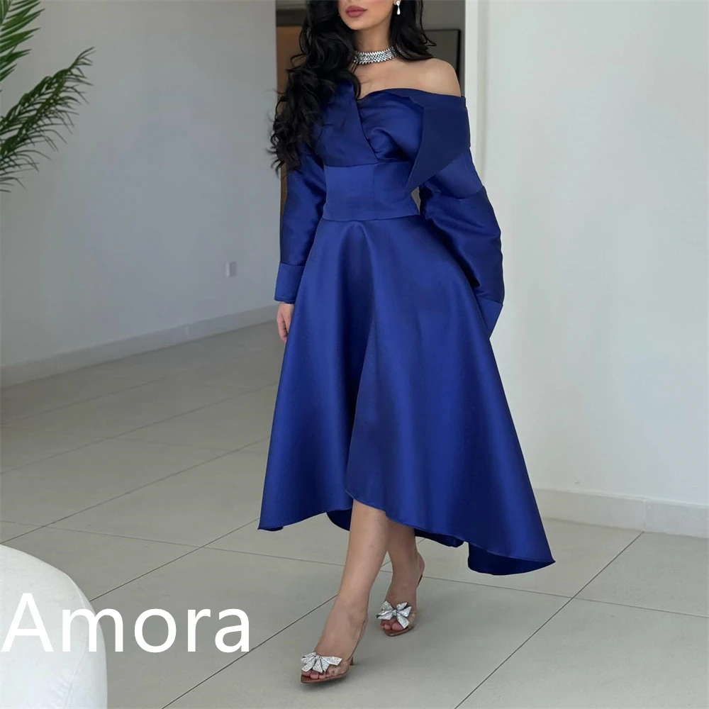 Индивидуальное темпераментное синее атласное вечернее платье Изысканное коктейльное платье без бретелек с открытыми плечами и длинными рукавами на молнии сзади