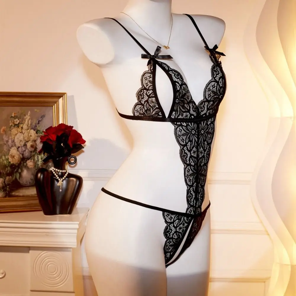 

Fashion Deep V Neck Lace Bow Bodysuit Transparent Sleeveless Women Lingerie Jumpsuits Mesh Hollow Lace Sling Nightwear Ladies