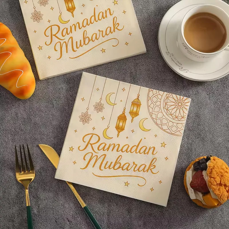 20pcs Eid Ramadan Paper Napkins Gold Lantern Crescent Pattern Disposable Tableware Accessories Muslim Festival Meal Table Decor