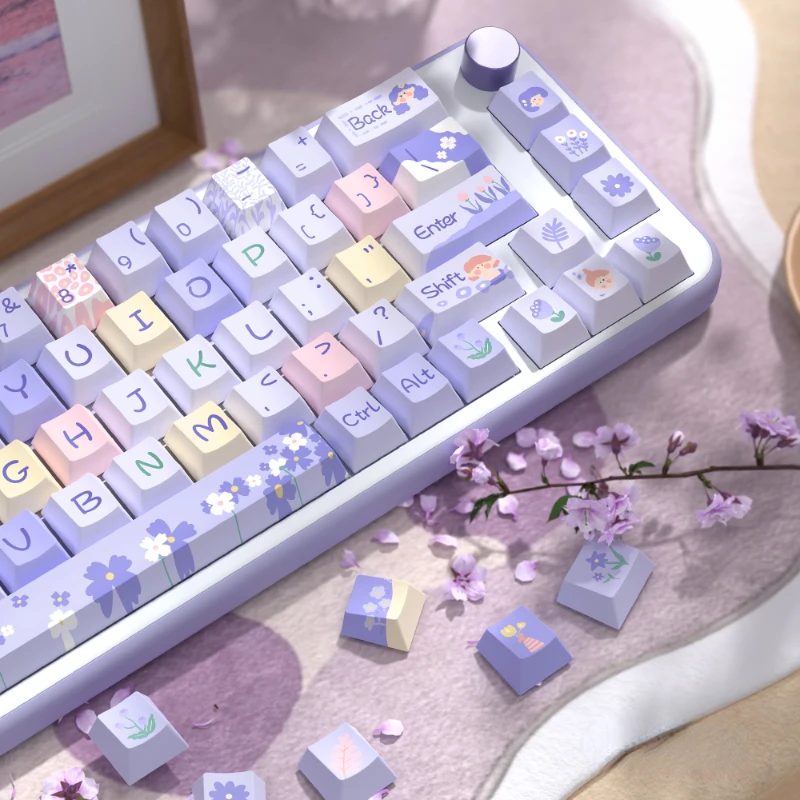 158 Toetsen/Set Bloemenmeisje Keycaps Schattige Kawaii Violet Pbt Keycaps Cherry Mda Hoogte Voor Mx Switch Diy Mechanische Toetsenborden Cadeau