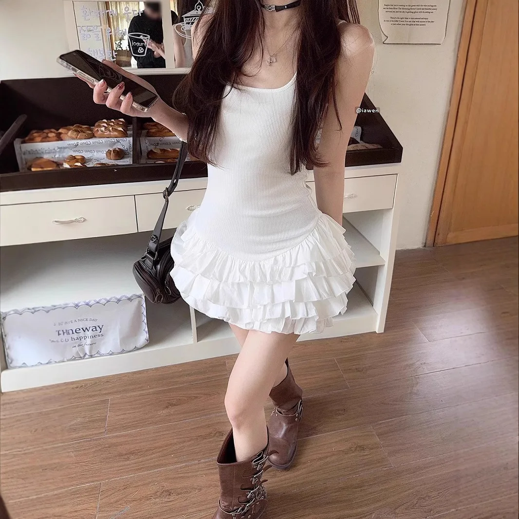 

White Ruffle Splice Halter Dress Women's 2025 Summer New Ballet Style Slimming Puffy Cake Short Skirt Girl's High Waist PVC F...