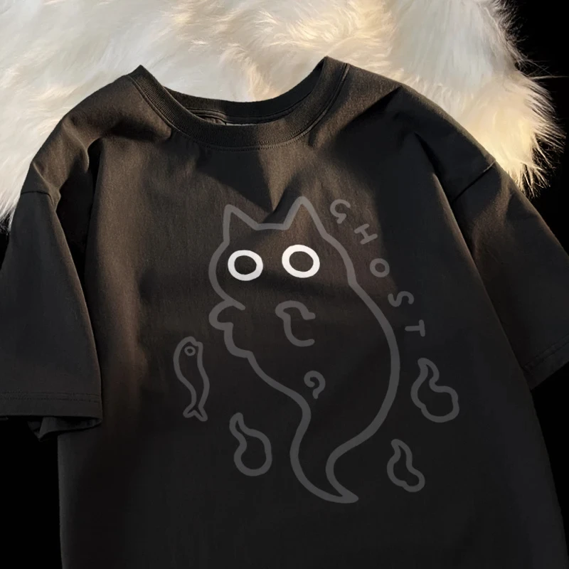 تي شيرت Ghost Cat فضفاض بأكمام قصيرة للنساء ماركة أزياء يابانية أصلية للزوجين قطة نقية شفافة على شكل قطة شبح